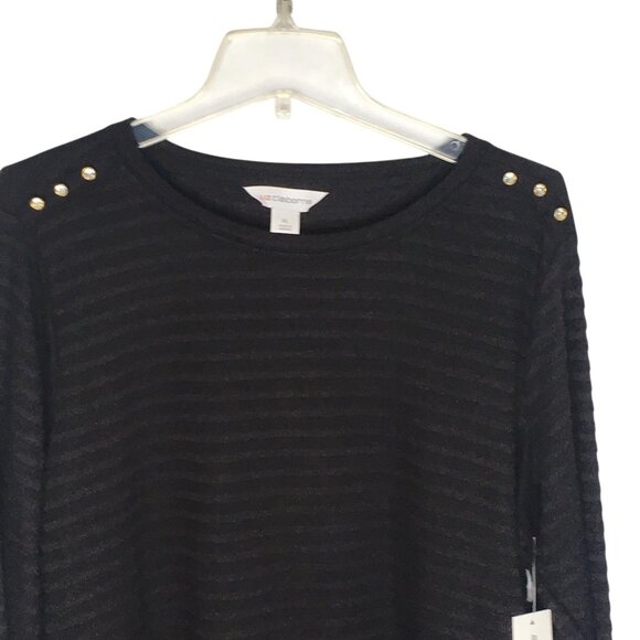 Liz Claiborne Knit Sweater Top Women XL Black Stripe Long Sleeve Shoulder Button - Picture 2 of 16